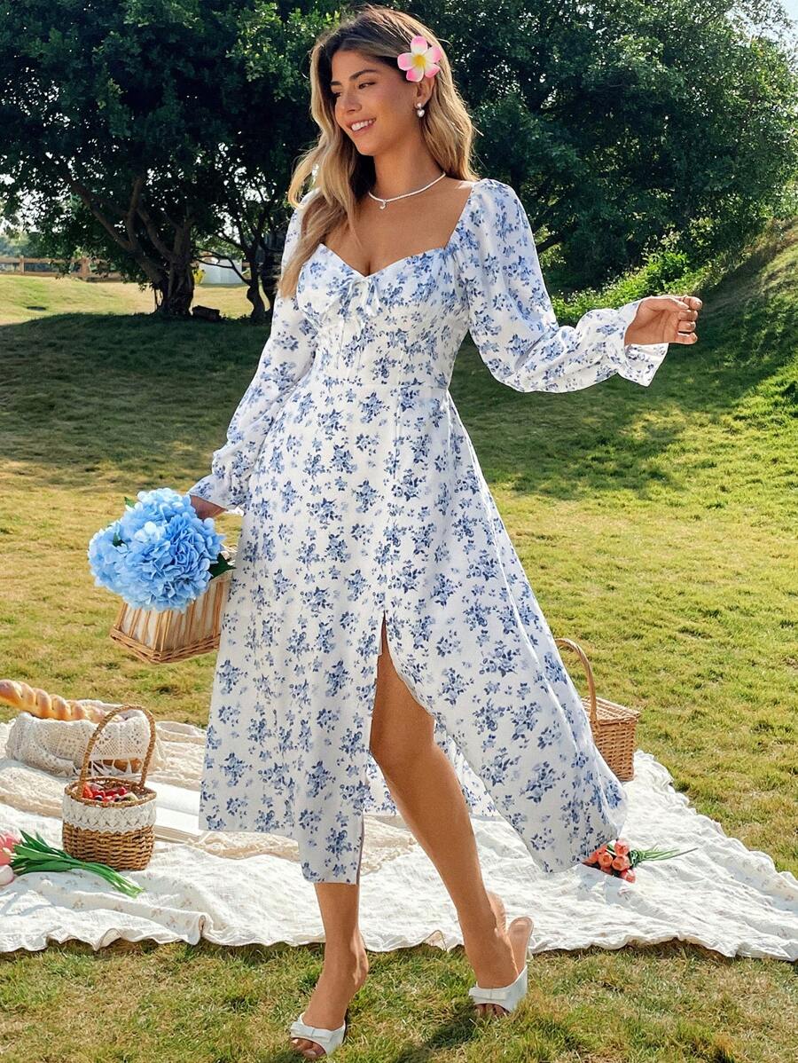 Flirla 加大码修身款方领碎花腰部收腰开衩袖口连衣裙