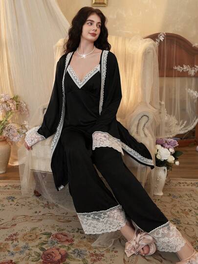 Côtesoire 3件套优雅蕾丝拼接女士睡衣套装，适合假日、秋冬季节穿着