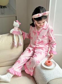 SHEIN Young Girls Pink Floral Pattern Collared Button-Up Shirt & Pants 2 Pieces Pajama Set,Summer Fairy Holiday Night Cotton Loungewear Sleepwear For Kids - White - View 4