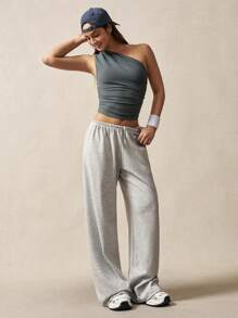 VARSITIE 1pc One Shoulder Ruched Cropped Skinny Cami Top - Grey - View 5