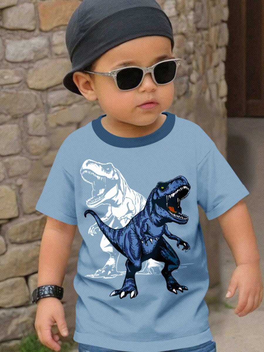 SHEIN 男宝宝休闲简约圆领短袖宽松T恤，适合夏季 - 白色 - 查看 1