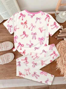 SHEIN Tween Girls 可爱手绘粉色蝴蝶结印花紧身睡衣套装，休闲舒适，适合春夏季