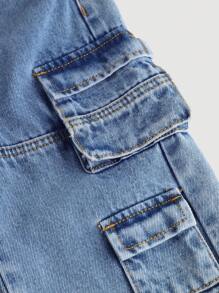 SHEIN Baby Boy Fashionable Washed Multiple Pockets Baggy Loose Fit Blue Denim Cargo Pants, For Baby Outdoor Wear And Daily Wear - Light Wash - View 4