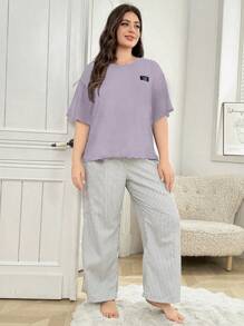 2pcs Plus Size Sleepwear Set: Letter Print Short Sleeve T-Shirt Top And Striped Pajama Pants, Outfits - Mauve Purple - View 4