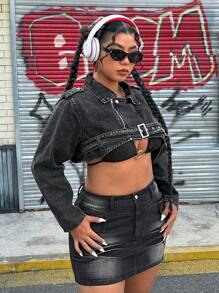 SHEIN ICON Plus Size Vintage Dark Color Denim Short Waist Belt Jacket - Black - View 1