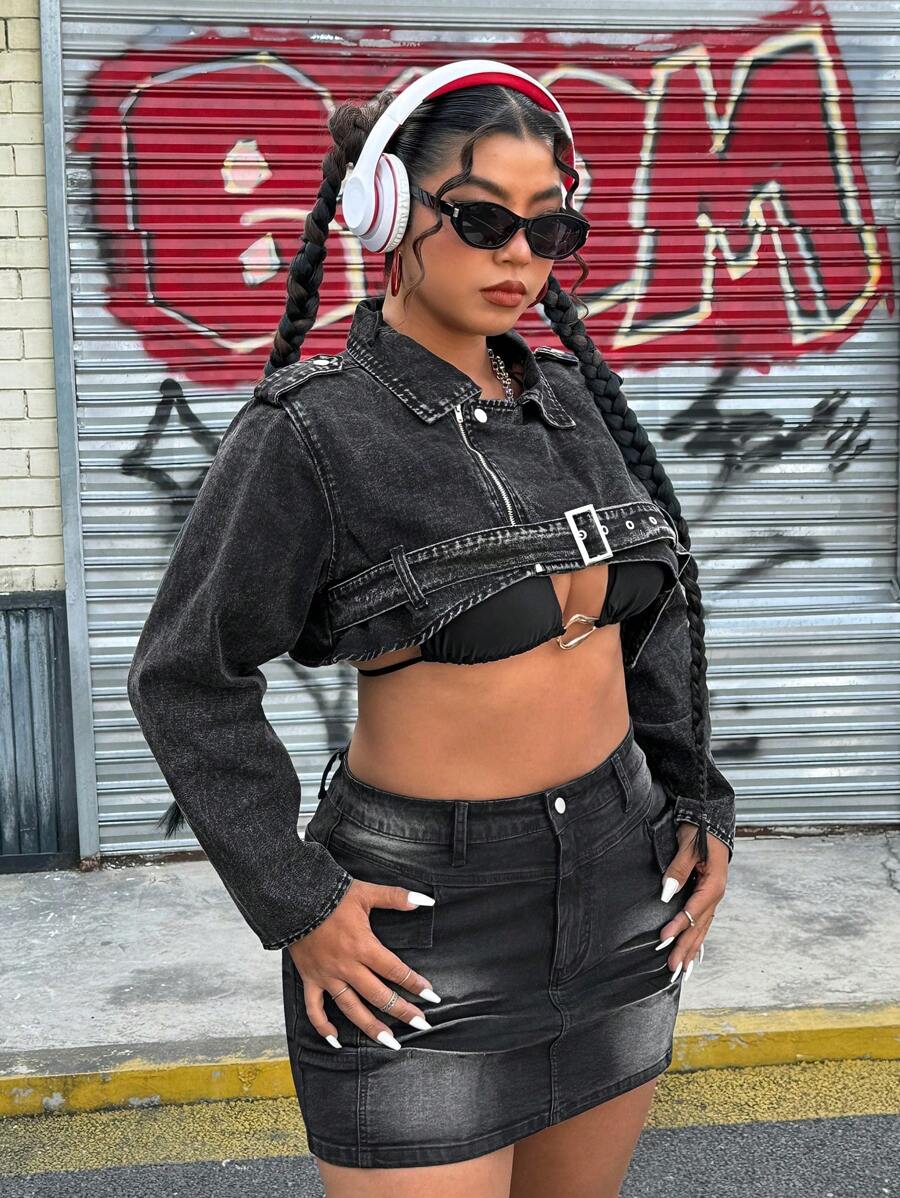 SHEIN ICON Plus Size Vintage Dark Color Denim Short Waist Belt Jacket - Black - View 1