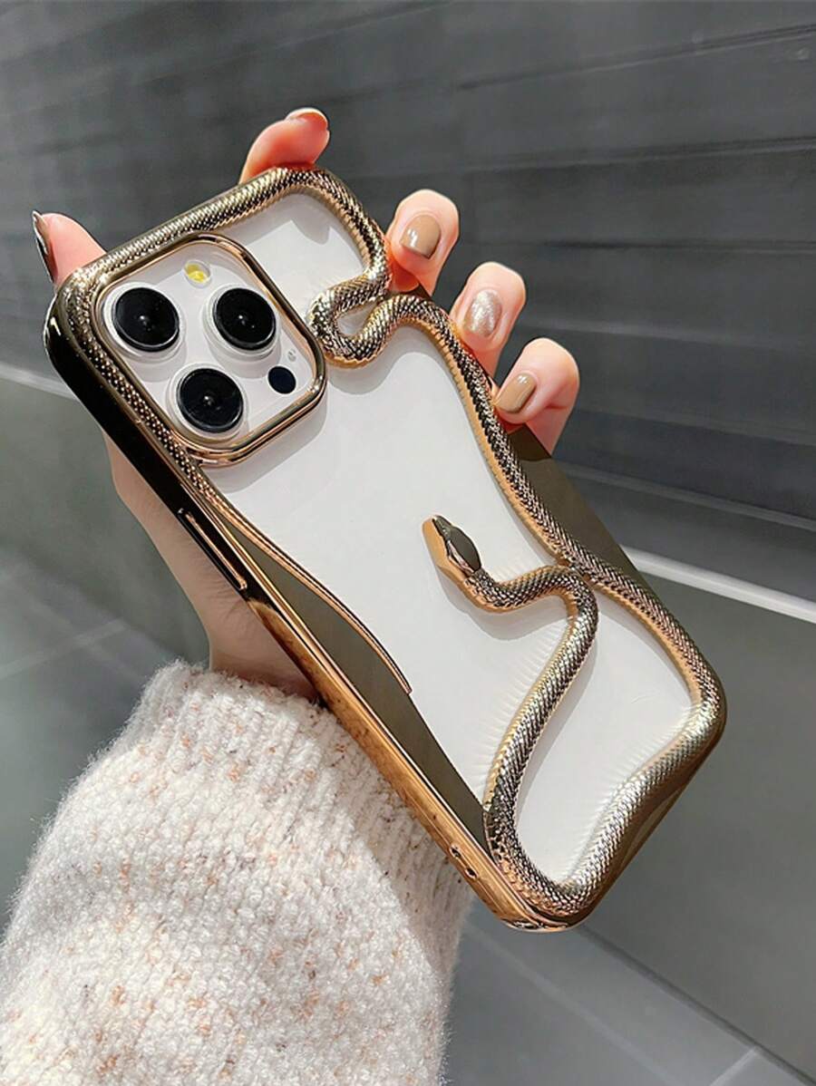 1pc Snake Pattern Anti-Drop Protective Phone Case Compatible With Iphone 16/15/14/13/12/11 - Gold - View 1