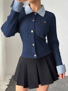 Franclia Fashionable College Style 2 In 1 Patchwork Knit Cardigan Crop Top Fall Winter Cloth For Women