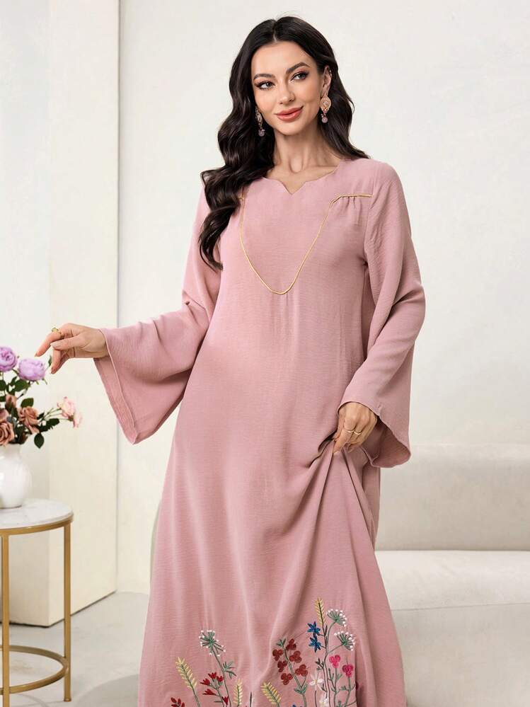 Al Najma Floral Print V-Neck Long Sleeve Ruffle Hem Arabian Dress,Modest - Pink - View 4