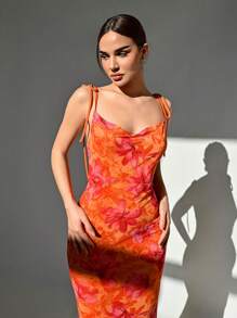 Aloruh Váy dài hở lưng dây mảnh cho nữ, thời trang tối giản phù hợp cho mùa hè - trái cam - Xem 3