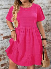 SHEIN LUNE Plus Size Solid Color Round Neck Short Sleeve Casual Loose Mini Dress Western Wear Women Festival Boho Hippie Cowgirl Outfit Old Money Bohemian For Summer