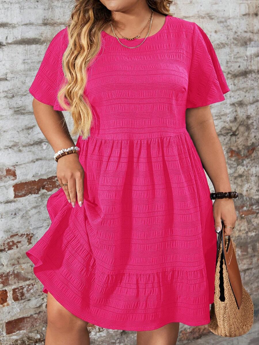 SHEIN LUNE Plus Size Solid Color Round Neck Short Sleeve Casual Loose Mini Dress Western Wear Women Festival Boho Hippie Cowgirl Outfit Old Money Bohemian For Summer