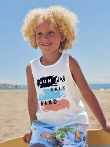 SHEIN Tween Boy Casual Vacation Palm Tree Pattern Sleeveless Loose Knit Tank Top, Suitable For Seaside, Sports, Vacation, School - White - View 7