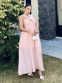 SHEIN Clasi Plus Size Women Metal 3D Floral Decor Ruffle Neck Dress - Baby Pink - View 3