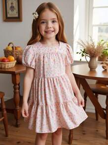 Vintaside Kids Young Girl Ditsy Floral Square Collar Puff Sleeve Cute Doll Mini Dress, Vacation Style