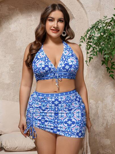 SHEIN Swim Lushore Plus Size Women 3pcs/Set Vintage Random Print Mature One-Piece Swimwear With Halter Top, Slit Waist Skirt