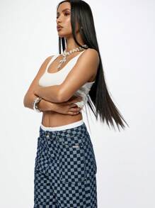 SUMWON WOMEN Street Check Wide Leg Carpenter Denim Jeans - Blue - View 6