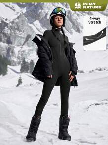 女士纯色前拉链长袖连体裤，休闲户外