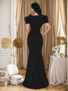 SHEIN Belle 3D Floral High Slit V-Neck Short Sleeve Rhinestone Embellished Solid Color Cocktail Dress, Wedding Guest Dress Music Festival Spring/Summer, Party Dress, Formal Dress, Evening Dress,Gown - Black - View 2