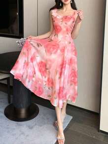 DAZY Knee Length Sleeveless Floral Print Ruffle Hem Square Neck Dress For Women Sundress Vacation Outfits Women - Pink - View 6