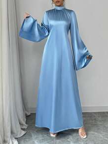 Elenzga Baby Blue Stretchy Faux Silk Satin Funnel Neck Long Flare Sleeve Wide Hem Dress Maxi Women Outfit - Blue - View 5