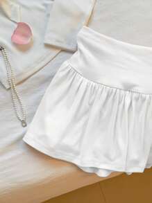 Comfortcana Women Solid Color Minimalist Design Skirt, Suitable For Summer White Ruffle Shorts - White - View 3