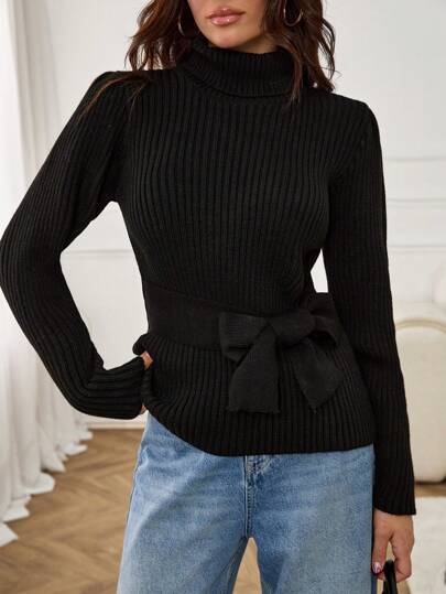 EURMUSE Casual Turtle Neck Rib Knit Tie Knot Balloon Sleeve Sweater,Jumper,Jumpers For Women,Cream Jumper,Jumpers,Christmas Jumper,White Jumper,Black Jumper,Ladies Jumper,Tall In Women,Women's Jumpers