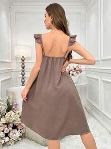 Women's Slit Back Sleeveless Long Nightgown - Brown - View 2
