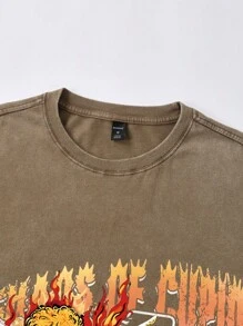 ROMWE MEN Street Life 2pcs Men Hip Hop Washed Skeleton Print T-Shirt And Shorts Set, Halloween - Brown - View 6