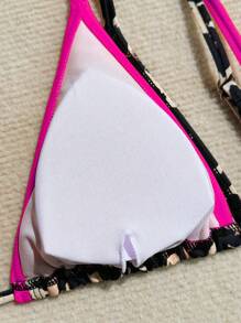 SHEIN Springbreak Leopard Print Triangle Halter Neck Women Swimwear Spaghetti Strap Top - Hot Pink - View 3