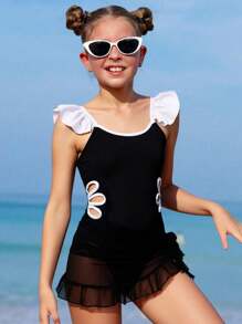 Tween 女童简约时尚休闲连体泳衣，适合日常穿着 - 黑與白 - 查看 1