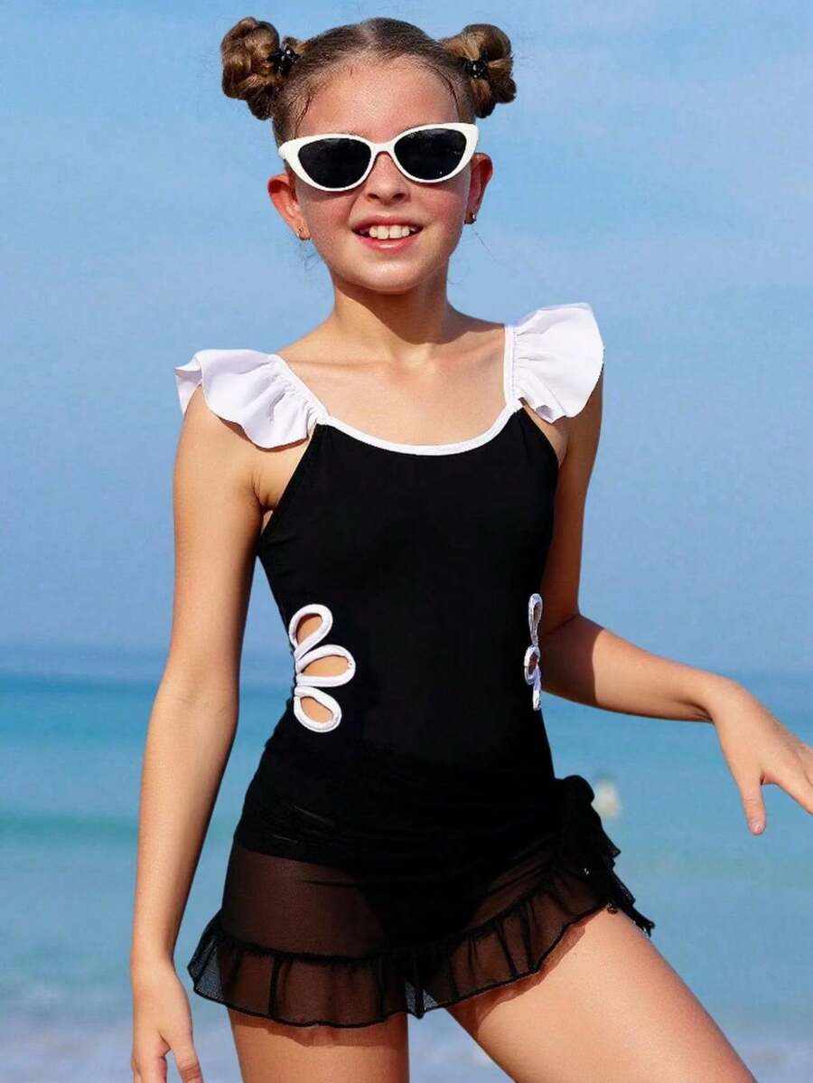 Tween 女童简约时尚休闲连体泳衣，适合日常穿着 - 黑與白 - 查看 1