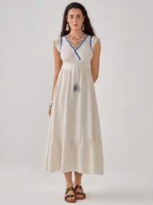 SHEIN Unity Damen Frühling Sommer Boho Urlaubskleid ärmellos A-Linie Maxi Leinenkleid - Aprikosenfarben - Übersicht 5