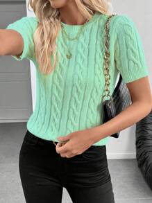 EMERY ROSE European & American New Blogger-Style Twisted Rope 3D Design Casual Round Neck Knit Sweater, Autumn/Winter - Mint Green - View 5