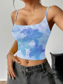 SHEIN EZwear 女士休闲全花卉印花性感吊带背心，适合夏季 - 彩色 - 查看 5