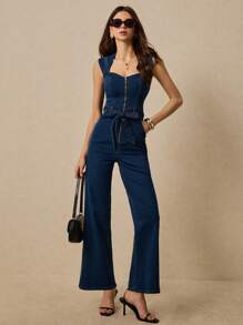 Poéselle 女式甜心领口拉链前腰系带牛仔连体裤，狂欢装扮，复活节女装，工作服女式牛仔连体裤，适合日常、街头、居家、度假等场合穿着，简约时尚，百搭，夏季必备 - 藍色 - 查看 3