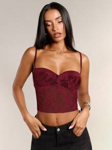 SHEIN BAE 白色和黑色对比色荷叶边短款细肩带上衣，百搭风格，适合日常穿着 - 酒紅色 - 查看 4