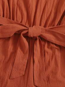 SHEIN LUNE Ruffle Trim Split Back Self Belted Romper - Burnt Orange - View 7