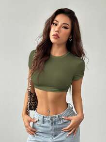 SHEIN PETITE Casual Simple Solid Color Round Neck Cropped Slim Fit Women's T-Shirt - Army Green - View 4