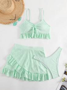 SHEIN Swim 2 件套女士夏季海滩纯色激光切割刺绣扭纹前比基尼泳装带迷你裙 - 薄荷綠 - 查看 3