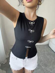 Elenzga 女士新款蝴蝶结装饰针织背心，休闲时尚春夏 - 黑色 - 查看 4