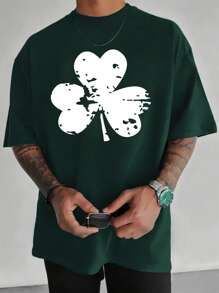 SHEIN Manfinity Dauomo Camiseta informal de manga corta y cuello redondo con estampado de trébol del Día de San Patricio para hombres