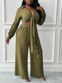 Slaydiva 优雅度假日常胸前打结衬衫领长袖阔腿连体裤大码女装 - B