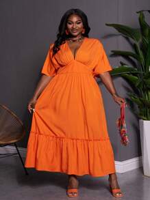 SHEIN CURVE+ Váy cam cỡ lớn cho nữ: Váy maxi bồng bềnh cổ chữ V và viền bèo nhún, hoàn hảo cho kỳ nghỉ Boho mùa hè - trái cam - Xem 4