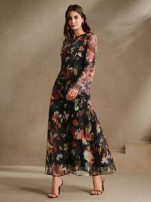 Anewsta 女士花卉印花长袖连衣裙，优雅时尚的乡村风格度假连衣裙 - 黑色 - 查看 6