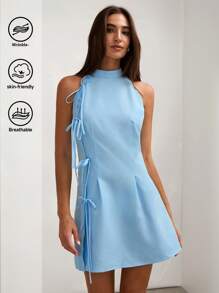 COSMINA Váy ngắn đơn giản không tay buộc dây màu trơn cho nữ, đi nghỉ thường ngày, dáng chữ A, váy ngắn màu xanh nhạt - Màu xanh nhạt - Xem 7