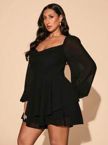 SHEIN PETITE CURVE 大码女式长袖日常/节日/约会/派对宽松垂坠领褶皱开衩黑色纯色A字型缎面甜美性感度假连体衣 - 黑色 - 查看 7