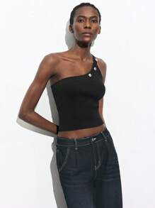 Maija 2025 Summer New Asymmetrical Cut Asymmetric Shoulder Black Knit Vest With Chic Metal Buckle Decoration, Elegant Casual Commute Romantic Urban Resort Wear Suitable For Outing, Party, Wedding, Music Festival, Graduation