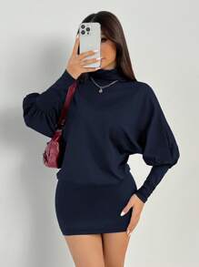 SHEIN PETITE 女式时尚高领蝙蝠袖露背紧身迷你连衣裙