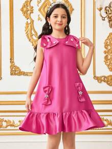 SHEIN Elegantes, ärmelloses Satinkleid mit Perlenschleife und lockerer A-Linie, Netzsaum und Farbblock für Tween-Mädchen, geeignet für Hochzeit, Geburtstag, Party